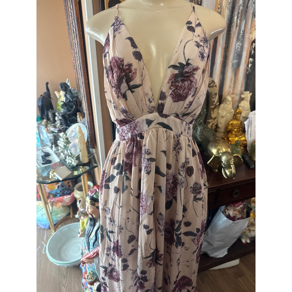 Floral V-Neck Maxi Dress Blush Pink Mauve Chiffon Sleeveless Wedding Guest Gown